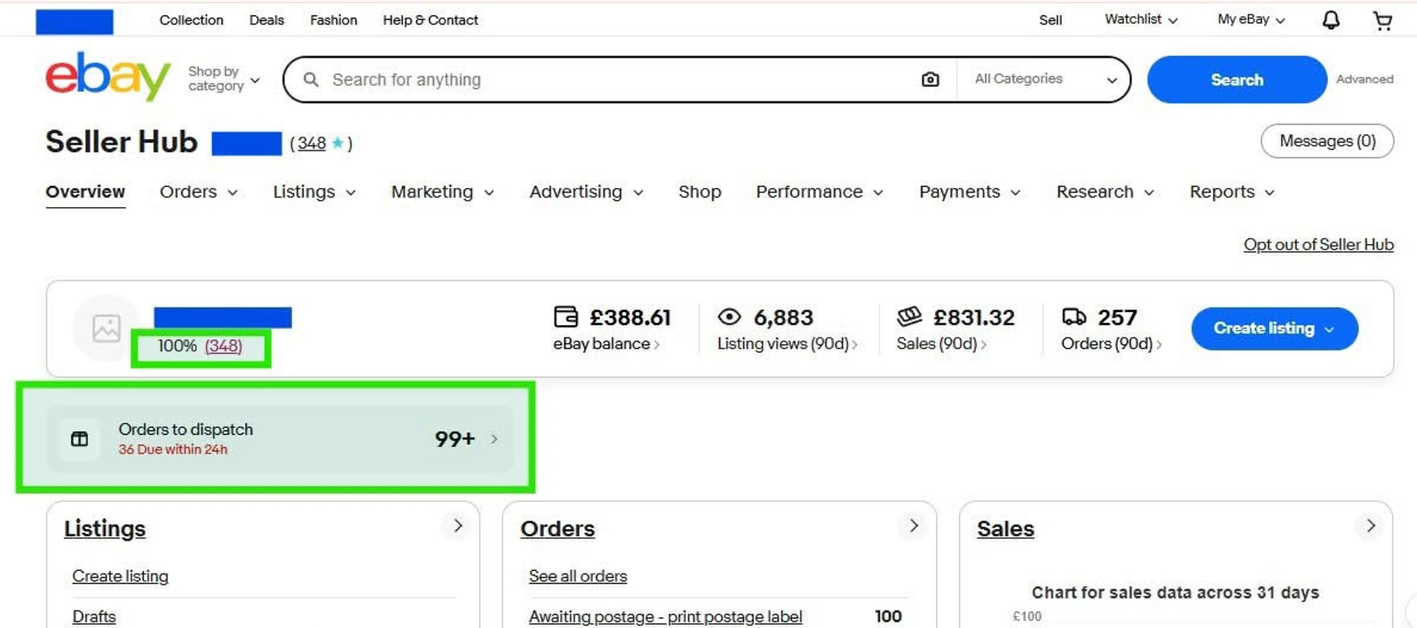 100% positive feedback across 348 ratings, and 99+ orders queued for dispatch with 36 of them due inside 24 hours. Store name masked.